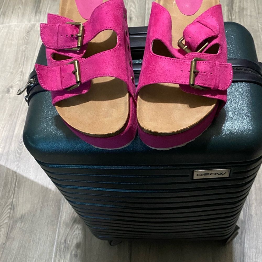 Bold Hot Pink Platform Slide Sandals with Double Buckles - Picture 3 of 5